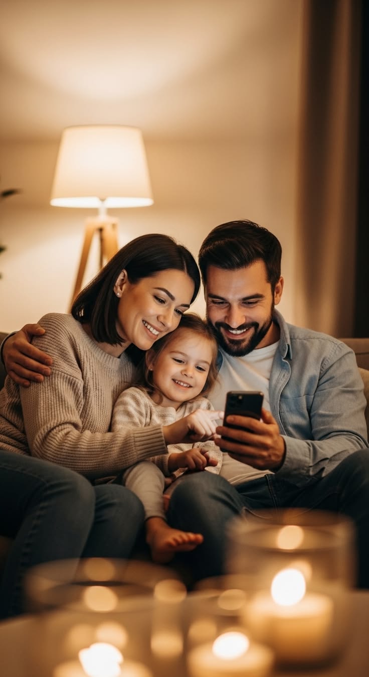 Familia disfrutando juntos por la noche en el sofá